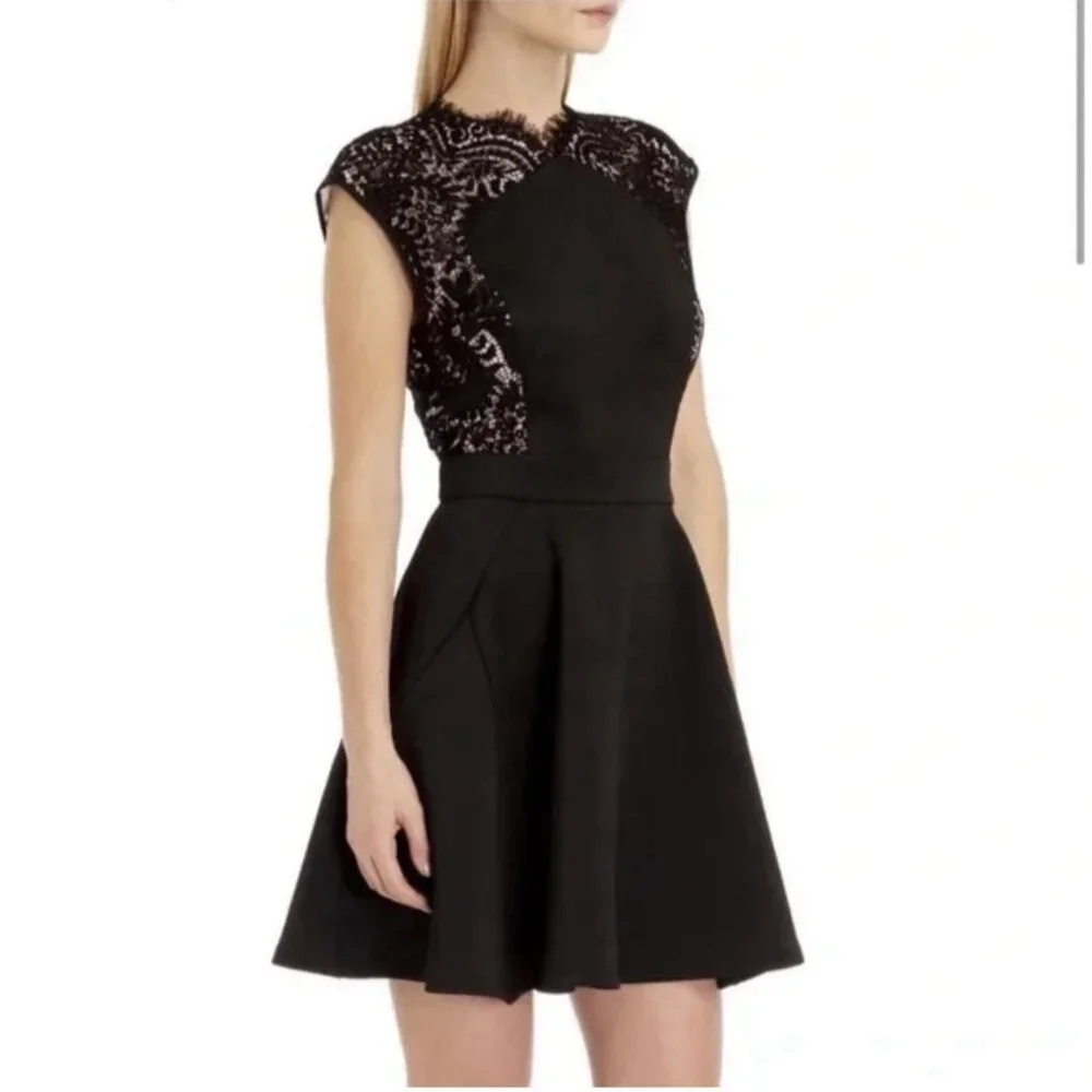 Ted Baker Dress Size 1 US Size 4 Black Pink Vivace Lace Shoulder - Picture 2 of 9